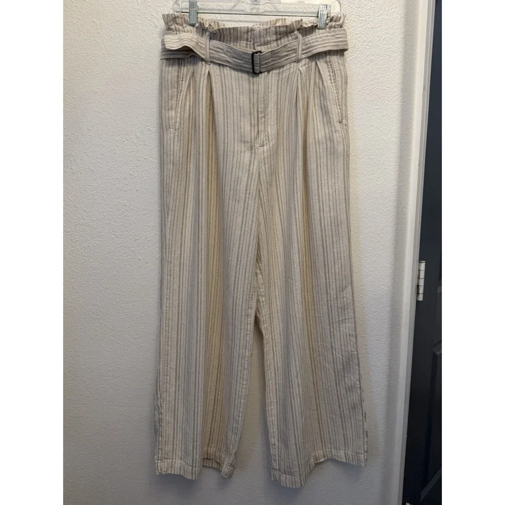 Banana Republic Linen Blend Pants Size 8 Wide Leg Belted Coastal Paper Bag Waist